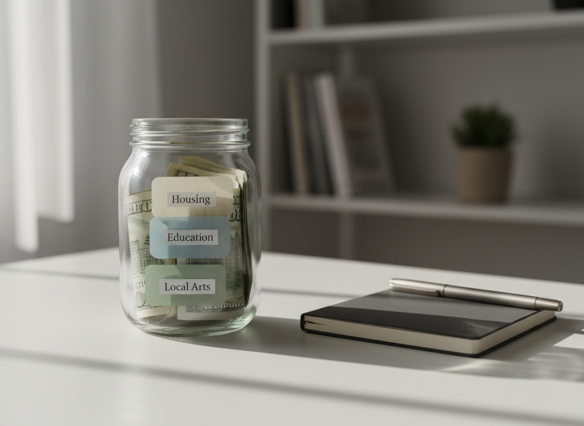A close-up shot of a transparent glass jar filled with neatly folded currency notes and labeled tabs in muted tones, each divider reading categories like "Housing", "Education", "Health", and "Local Arts" in refined typography. The jar rests on a matte white desk alongside a slim graphite notebook and a brushed metal pen aligned parallel to the desk edge. Soft morning window light from the left creates subtle highlights on the glass and gentle shadows on the surface, lending a calm, intentional mood. Captured at a slightly elevated angle with shallow depth of field, the background fades into a soft blur of neutral office elements, reinforcing a modern, trustworthy approach to targeted community giving.