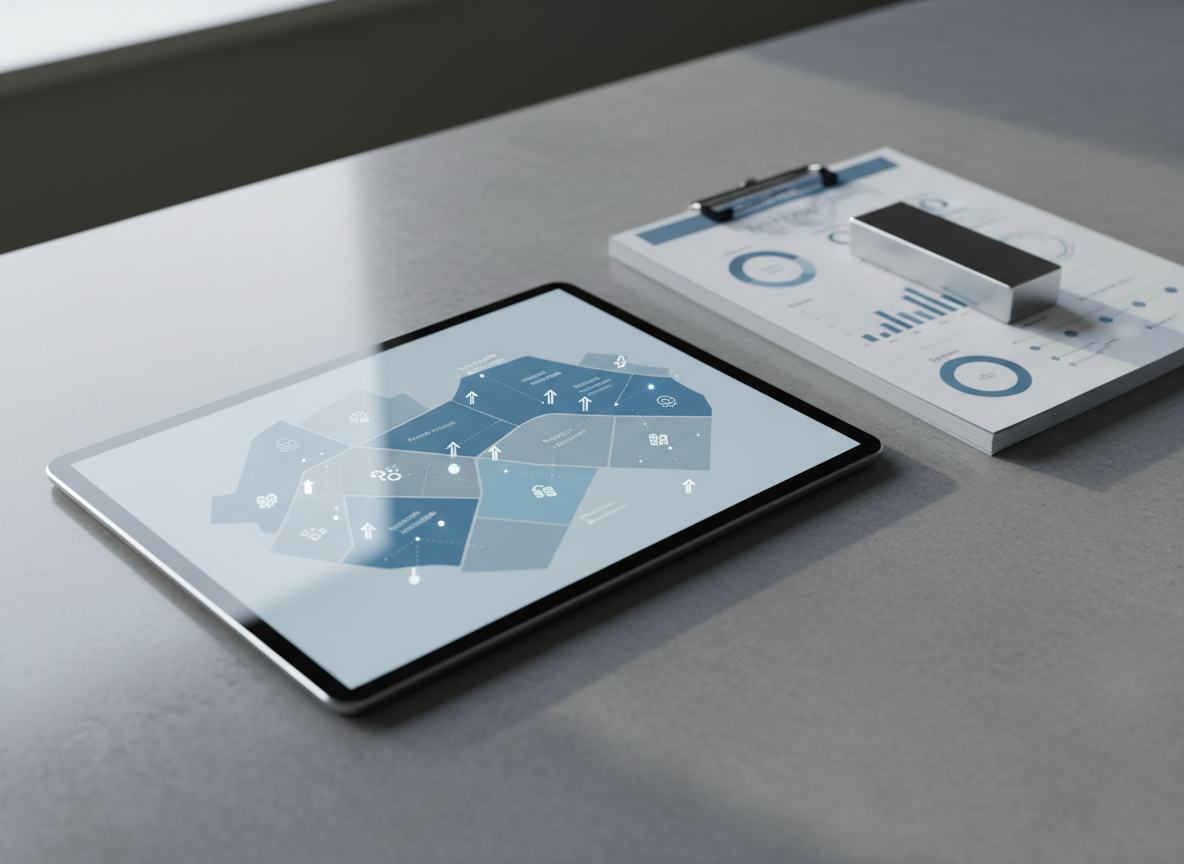 A digital tablet lying flat on a smooth concrete desk, its screen displaying a refined, monochrome map segmented into distinct community areas, each outlined in subtle blues and grays with tiny icons indicating funded projects. Beside the tablet, a thin stack of printed reports with clean infographics and charts is aligned precisely, topped with a slim metal paperweight. Cool, diffused daylight from a nearby window creates soft reflections on the tablet glass and gentle gradients on the concrete surface. Photographed from a slightly elevated, three-quarter angle with sharp focus, the scene feels analytical yet hopeful, underscoring data-informed, collective decisions in moving money to communities, all within a polished, corporate visual style.