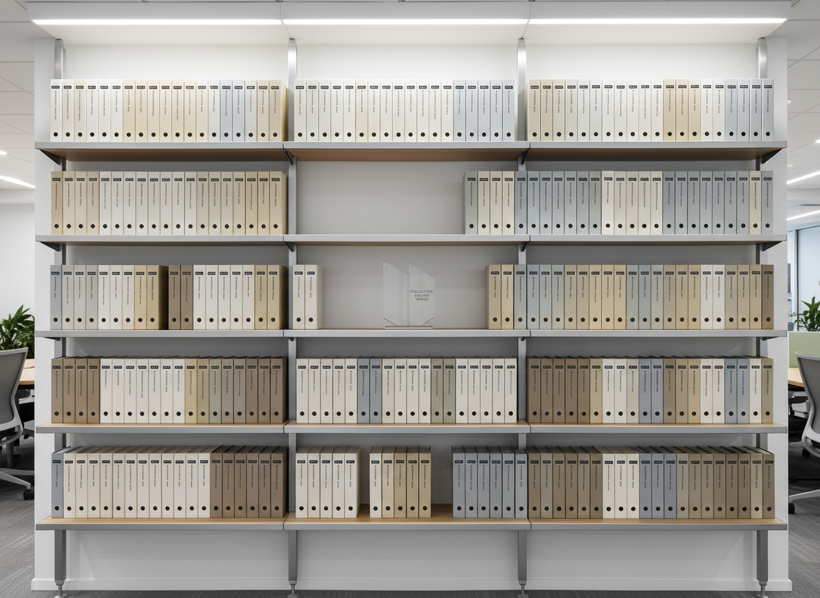 A long, minimalist shelving unit in a modern office setting, each shelf holding identical, spine-out binders in varying neutral tones labeled in small, precise lettering with community focus areas such as "Affordable Housing", "Youth Programs", "Food Security", and "Local Business Support". A single clear glass award with a simple geometric form stands prominently in the center shelf labeled "Collective Giving Impact". Soft, even overhead lighting creates delicate highlights along the binder edges and subtle shadows behind the shelves, emphasizing order and structure. Captured straight-on with sharp focus and balanced composition, the image conveys disciplined, professional stewardship of community funds in a clean, corporate photographic style.
