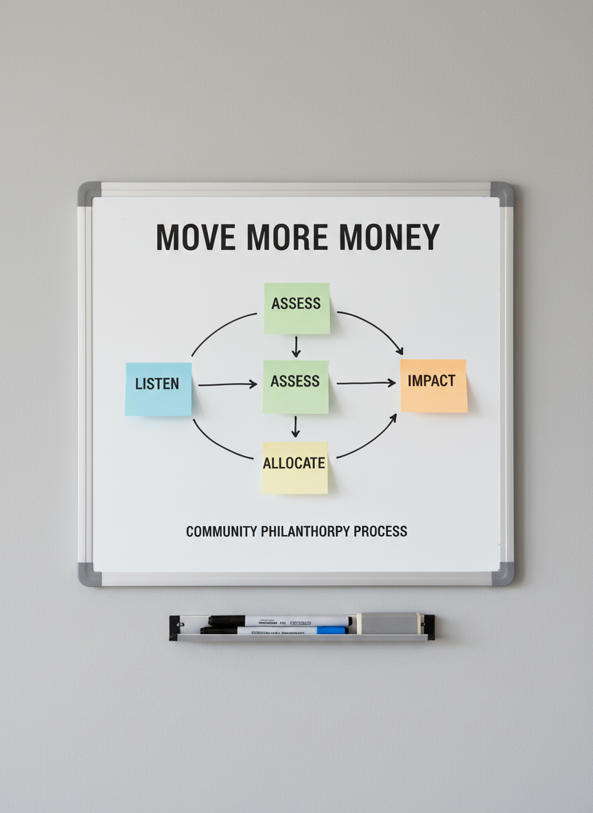 An overhead view of a minimalist whiteboard mounted on a soft gray wall, covered with neatly arranged color-coded sticky notes forming a clear flowchart labeled "Move More Money" at the center. Arrows connect sections titled "Listen", "Assess", "Allocate", and "Impact", written in precise dark ink. A slim metal marker tray holds a few carefully aligned markers and an eraser. Diffused studio lighting creates an even, shadow-free look, enhancing the clean, corporate aesthetic. The composition uses strict symmetry and a balanced layout, emphasizing clarity, structure, and thoughtful process in community philanthropy, captured in crisp photographic realism.