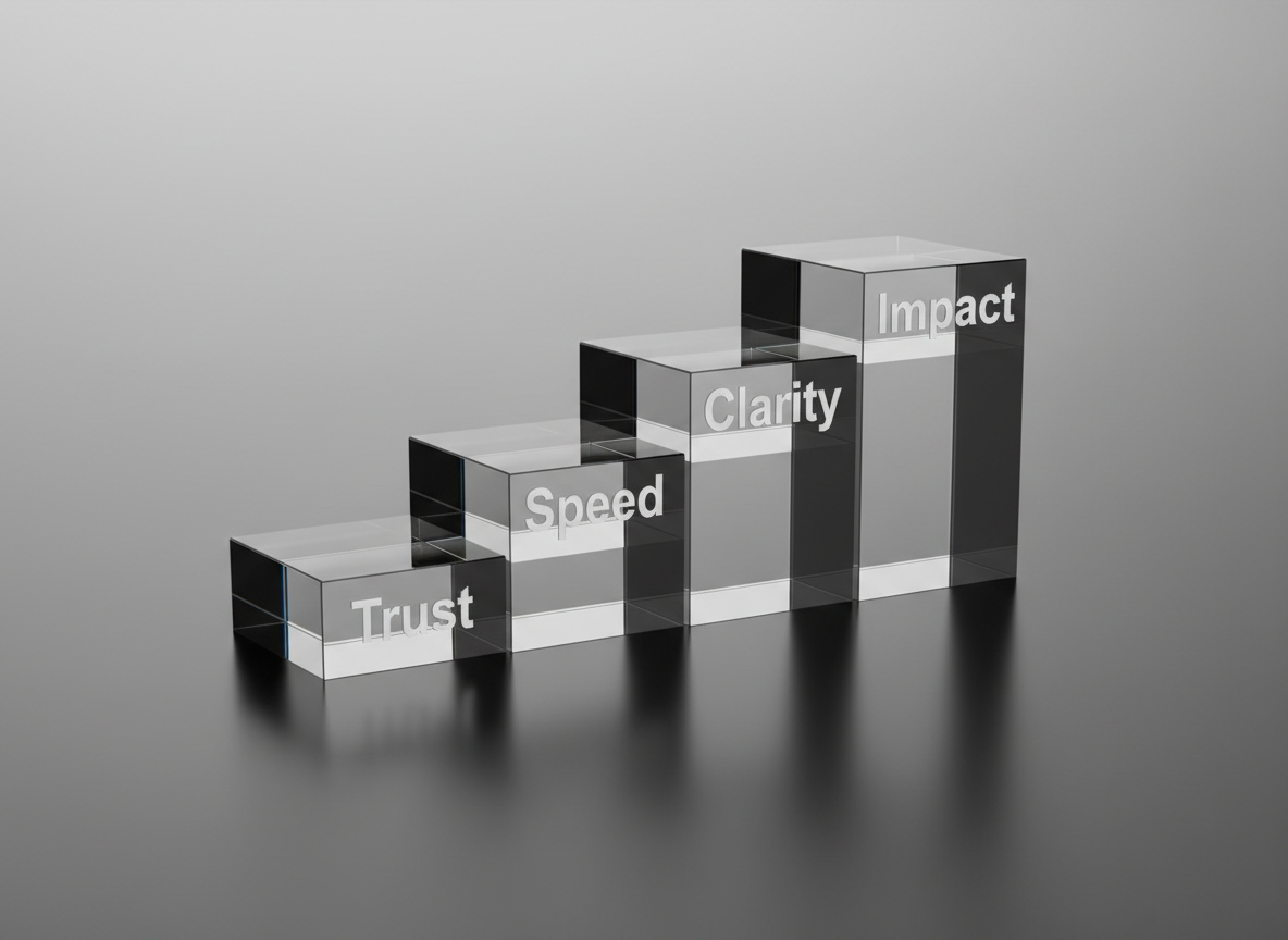 A meticulously arranged set of four transparent acrylic blocks on a matte charcoal surface, each block engraved with a single word in sleek sans-serif type: "Trust", "Speed", "Clarity", and "Impact". The blocks are stacked in a stepped formation, suggesting progression. A faint reflection of the blocks appears on the surface below, subtly mirroring the words. Controlled studio lighting from above and slightly behind creates crisp edges, soft gradients within the acrylic, and refined shadows that emphasize structure. Framed in a centered, minimalist composition with ample negative space and a neutral gray background, the photographic realism and clean lines evoke a professional, strategic approach to philanthropic collaboration.